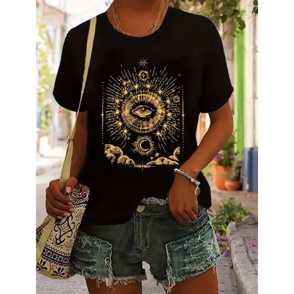 Celestial‎ Womens XXL Black Eye Moon Graphic T-Shirt Short Sleeve Tee Gothic